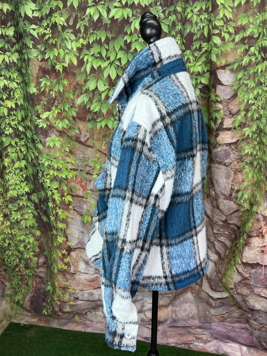 ZARA Blue and White Shaggy Plaid Button Front Casual Jacket, L - Picture 5 of 11